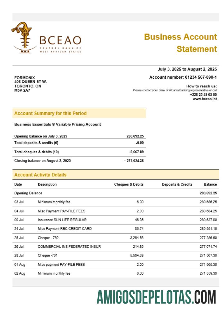 Exemplo de extrato de conta corrente da Organização do Banco Central dos Estados da África Ocidental